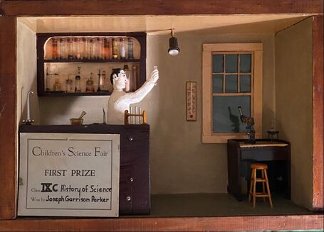 A diorama of a scientist in a lab